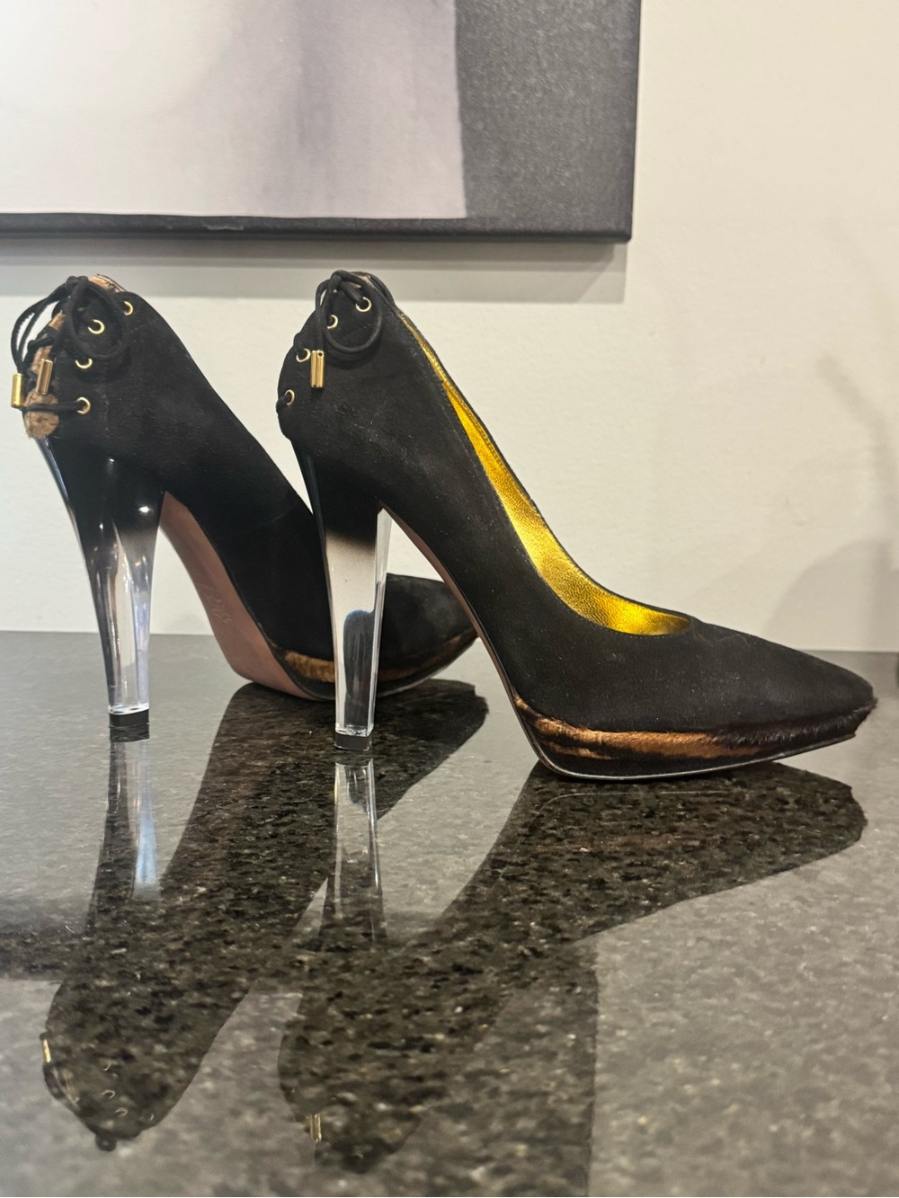 Women's Black SUEDE AND REAL HIDE Pointed Toe Pumps with Acrylic Heel